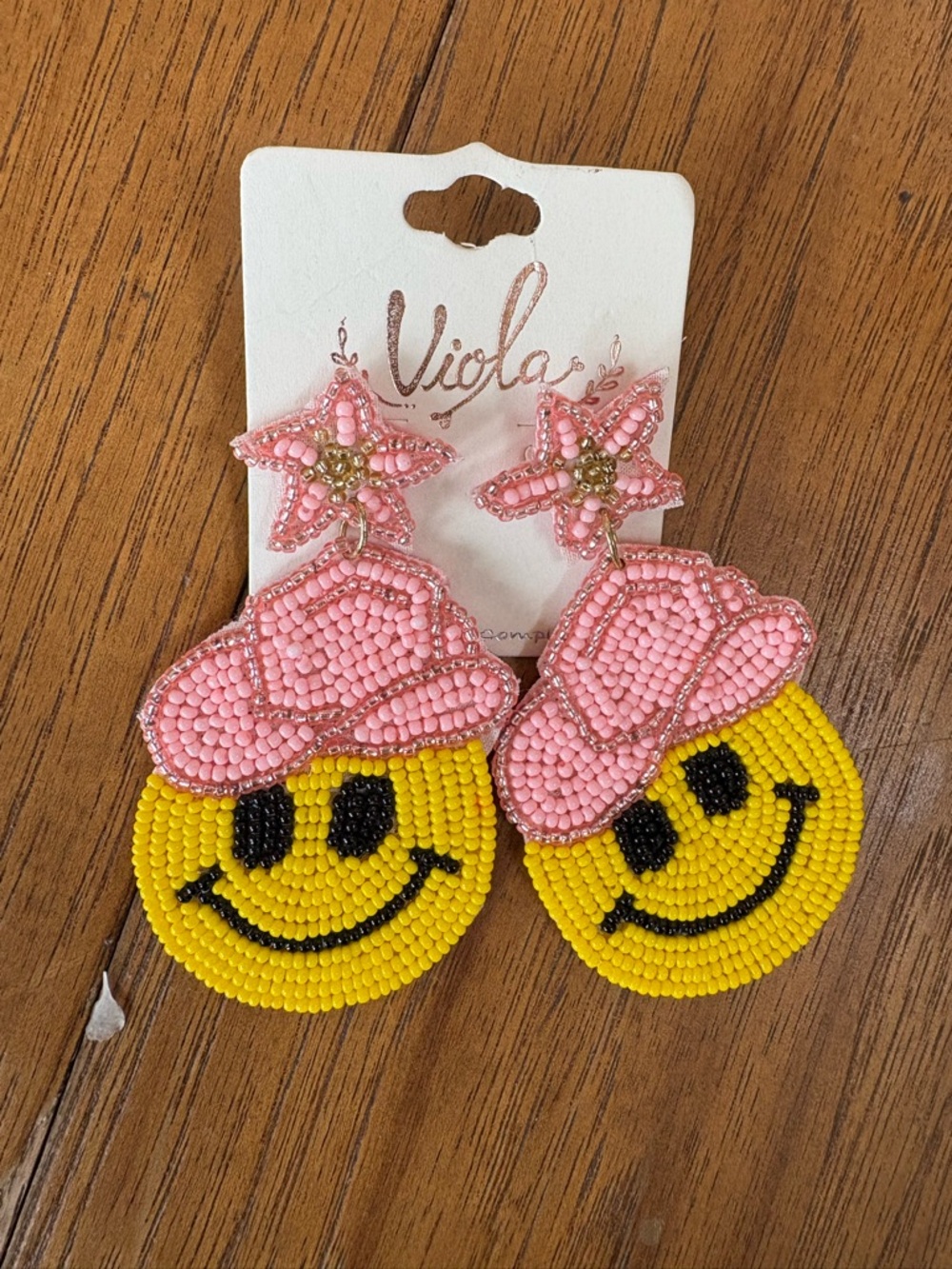 Pink & Yellow Smiley Cowboy Beaded Earrings for women